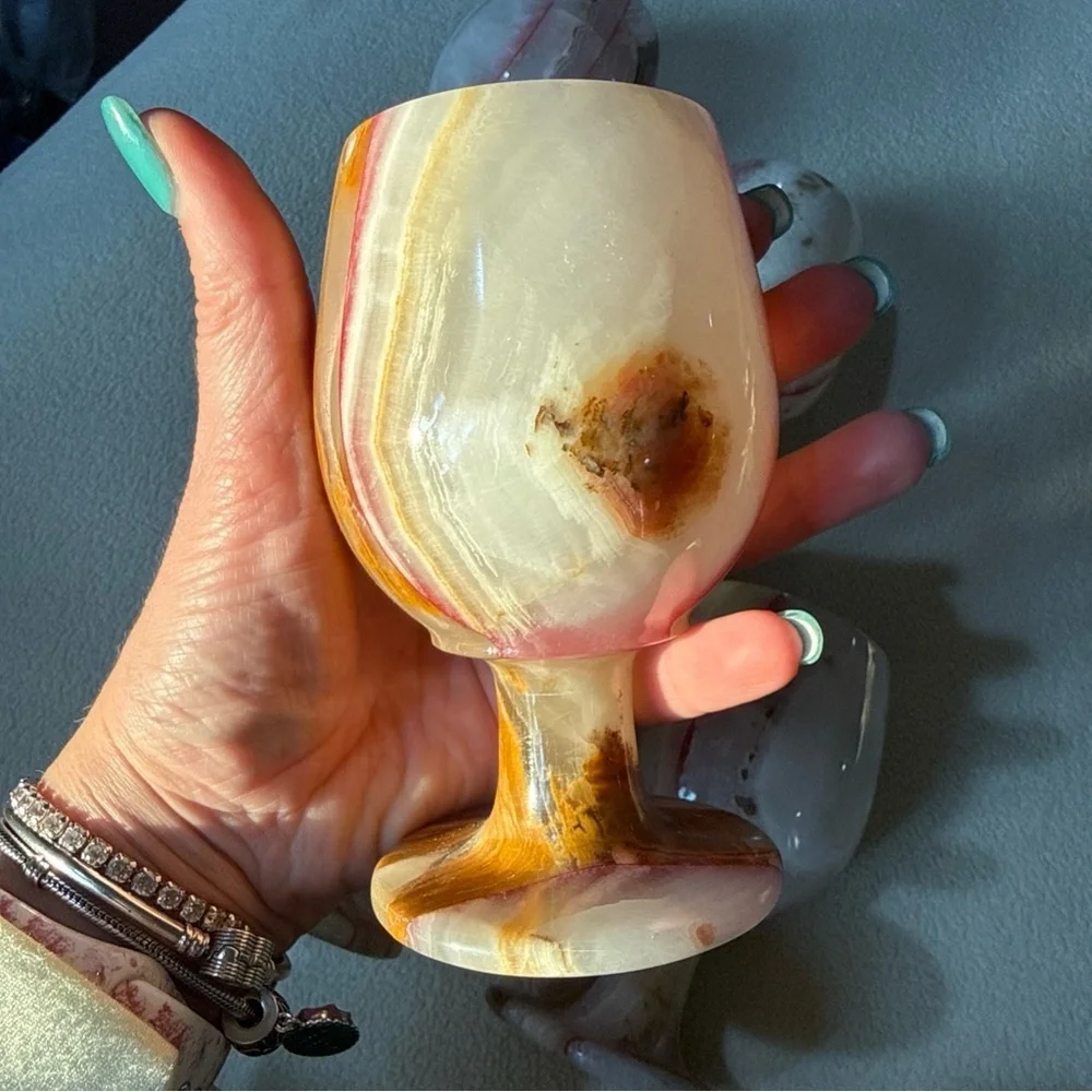 Vintage Pink, White and Gold Swirl Onyx Goblet Set - 5 Pieces marble onyx